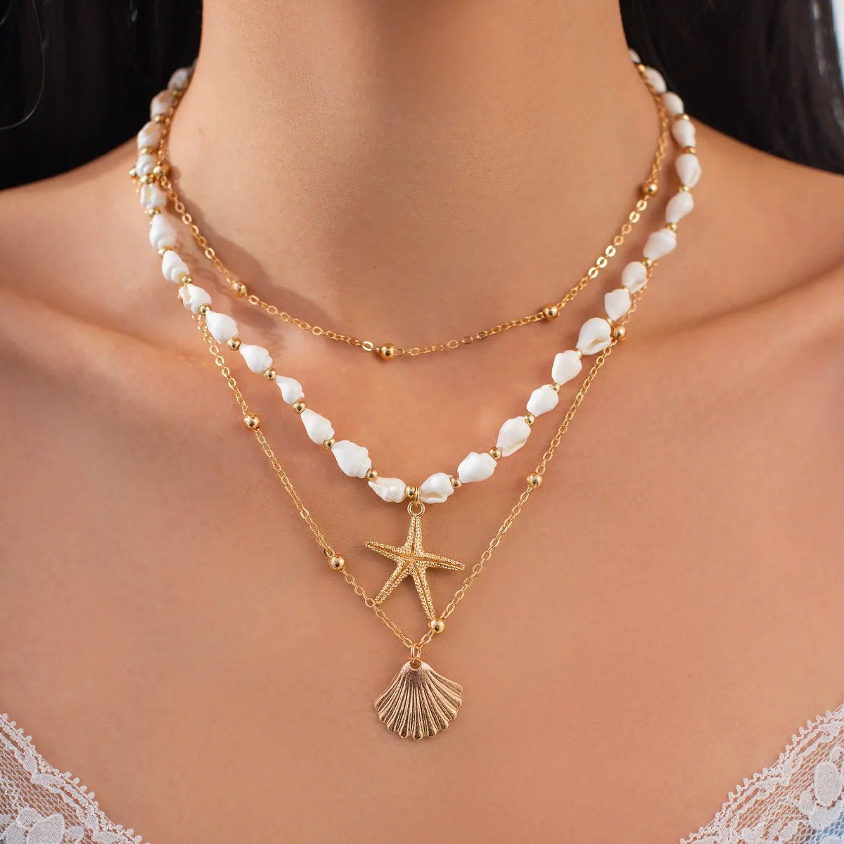 Star Fan Shell Pendant Necklace Instagram Multi-Layered Metal Chain Accessories for Women Wholesale N26118