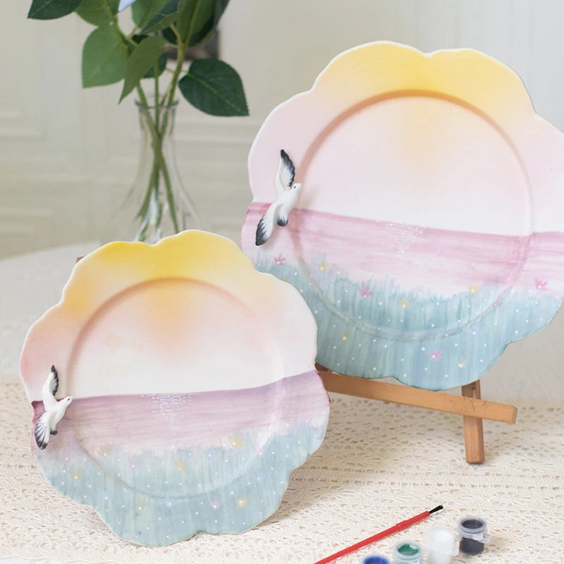 Creative Ins Hand Painted Flower Ceramic Plate Cute 3d Seagull Lace Ceramic Dinner Plate