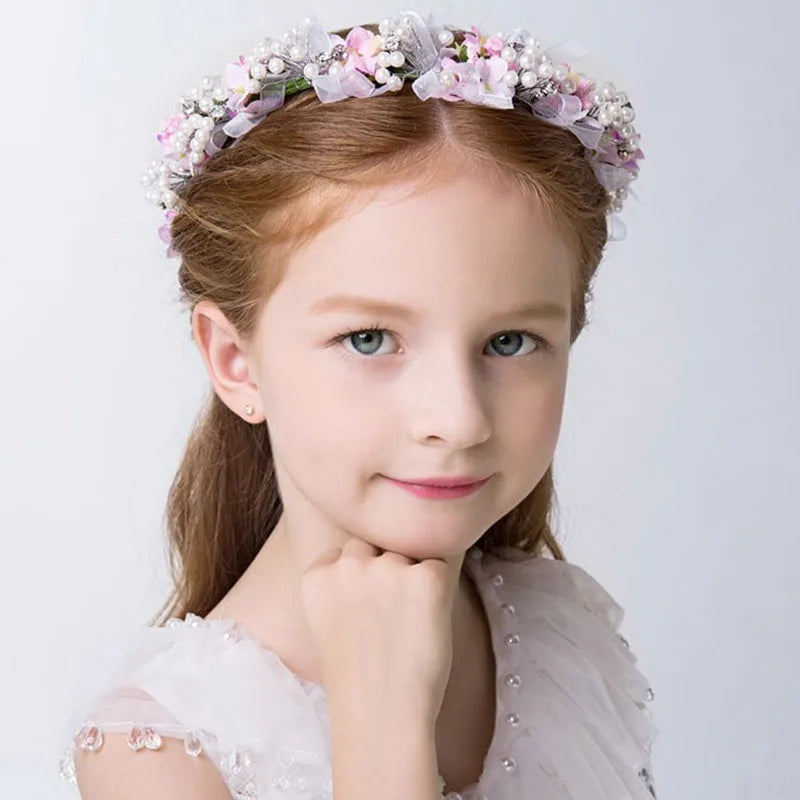Pearl Beaded Flower Girl Headband Children's Headwear Princess Head Piece Pearls Artificial Flower Crown Wreath