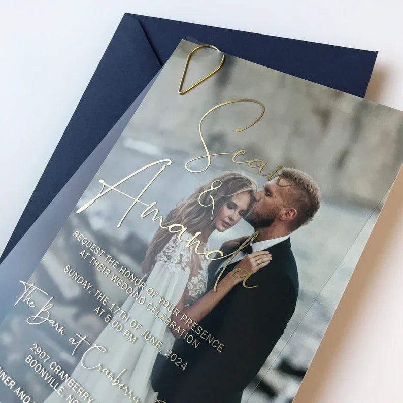 Extravagant Acrylic Luxury Gold Foil Wedding Invitation and Gold White Cover With Clear Transparent Invite Card