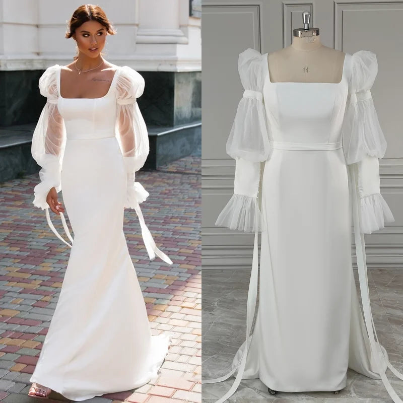 15425# Real Photos Long Puffy Sleeves Ribbon Square Collar Sheath Soft Satin Wedding Dress Sweep Train Bridal Gown Bridal Dress