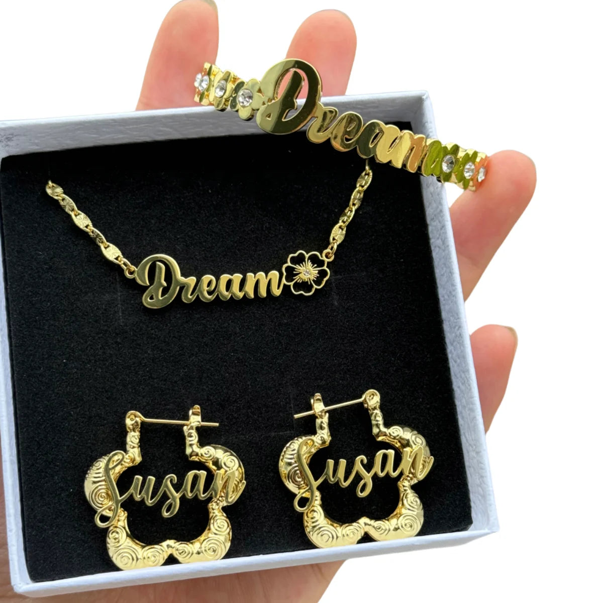 QIUHAN Birthstone Necklace Flower Cuff Bangles Hoop Earrings for Kids Custom Name Floral Set