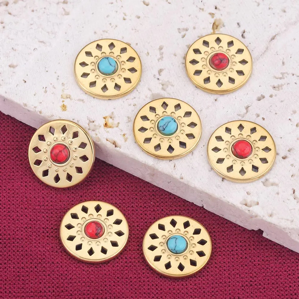Stainless Steel Round Natural Stone Bohemian Pendant Turquoise Pendant DIY Accessories Earrings Necklace