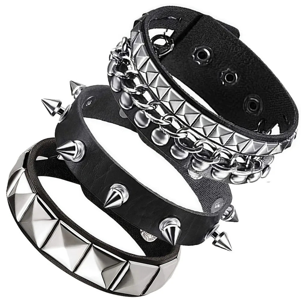 3 Pcs Punk Leather Rock Studded Bracelets for Men Women Retro Classic Spiked Metal Cuff Bracelet Set