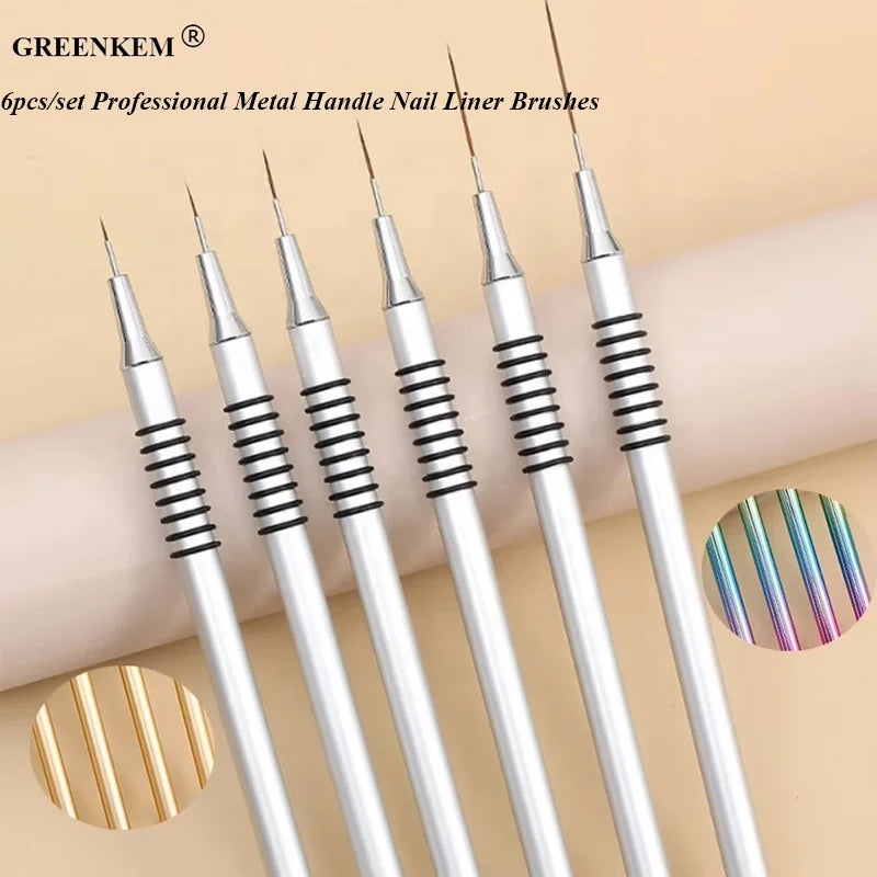 6pcs/set Professional Nail Salon Line Drawing Pen Nail Art Brushes Metal Handle Ultra-fine Painted Pen Liner Brush