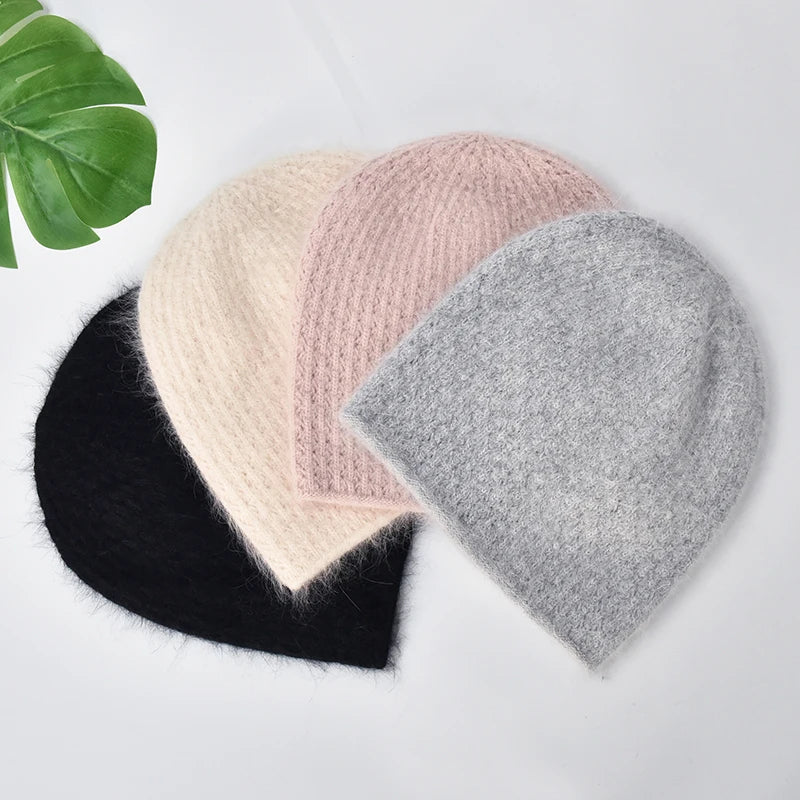 Winter Angora Knitted Beanie Hat Double Layer Solid Color Beanie Thick Wool Warm Knitted Beanie for Women