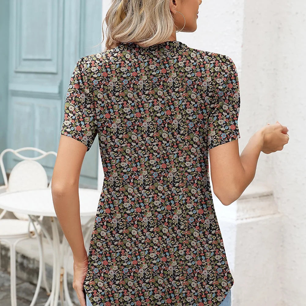 Women's Boho Floral Printed V-Neck Button Blouse Loose Fit Knitted 2026 Summer Fashion Casual Short Sleeve Tops Online Retailer