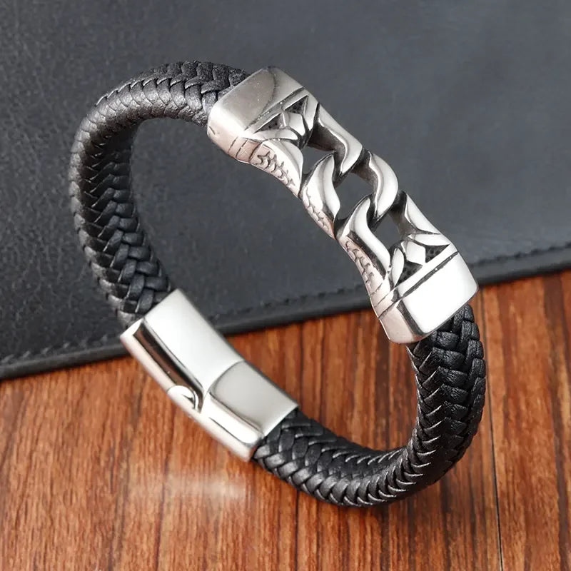 Minimalist Vintage Viking Genuine Leather Men Braided Stainless Steel Magnetic Clasp Bracelet Punk Style Jewlery OT-239