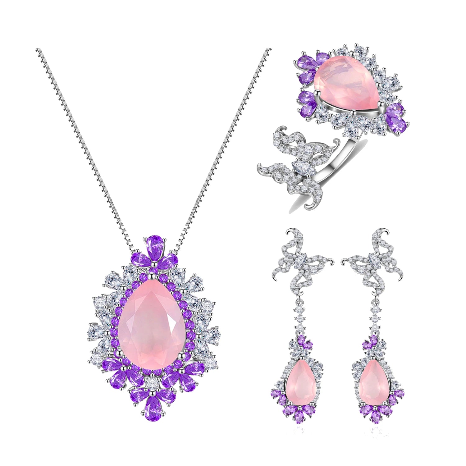 C9386 Exceptional Quality 925 Sterling Silver Matching Jewellery Gemstone Statement Rose Quartz Beaded Jewelry Set