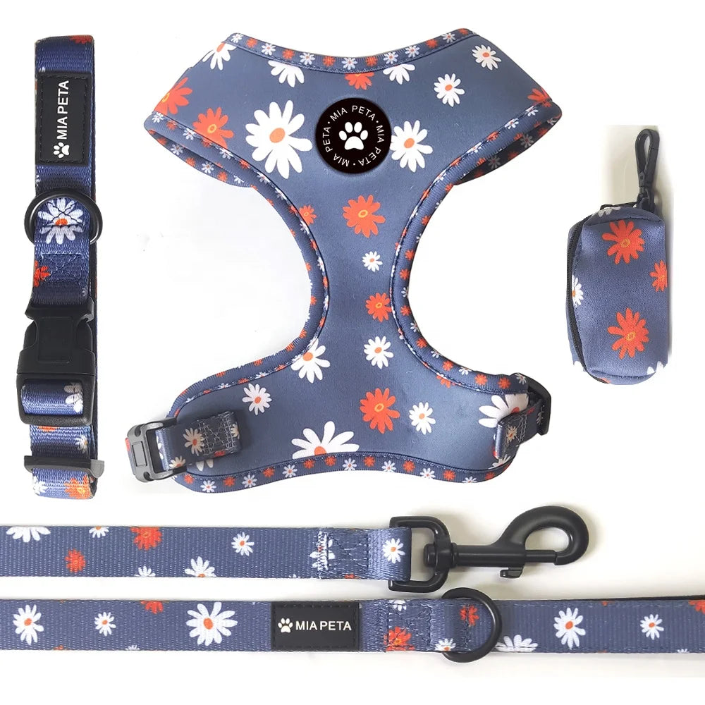 Custom Dog Harness Set Personalized Pet Dog Harness Pechera Para Perro Matching Collar Leash Poop Bag and Bow Tie