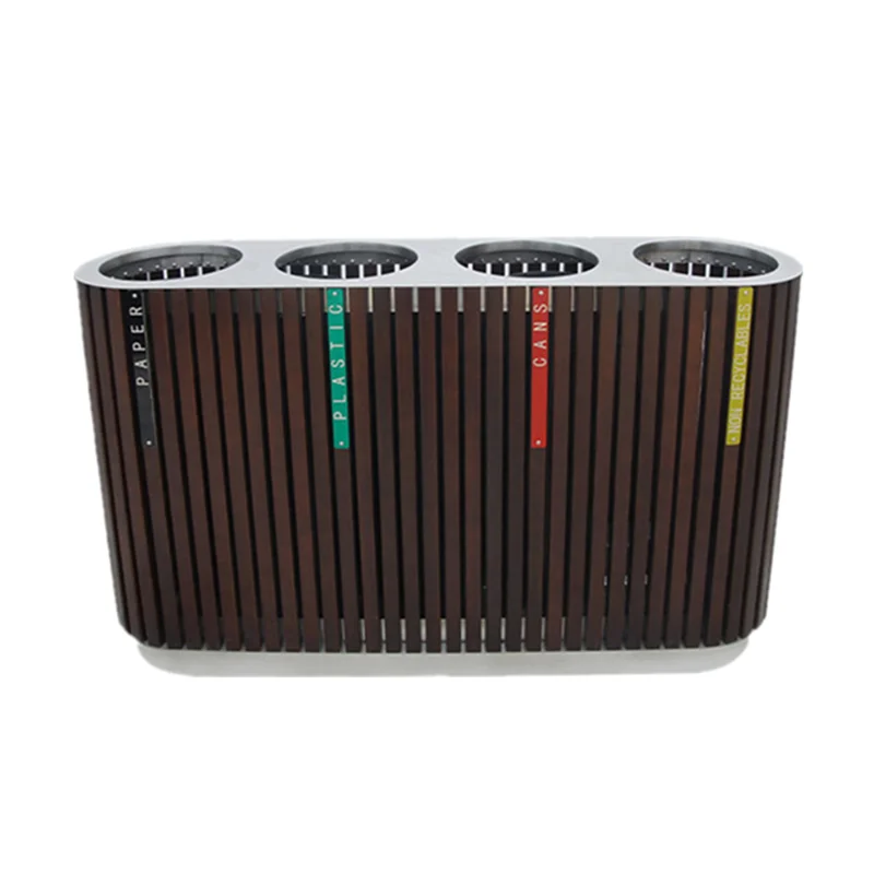 Outdoor WPC Wood 4 in 1 Garbage Receptacle Separate Trash Can Outside Garden 4 Compartments Recycle Waste Bin Public Dustbin