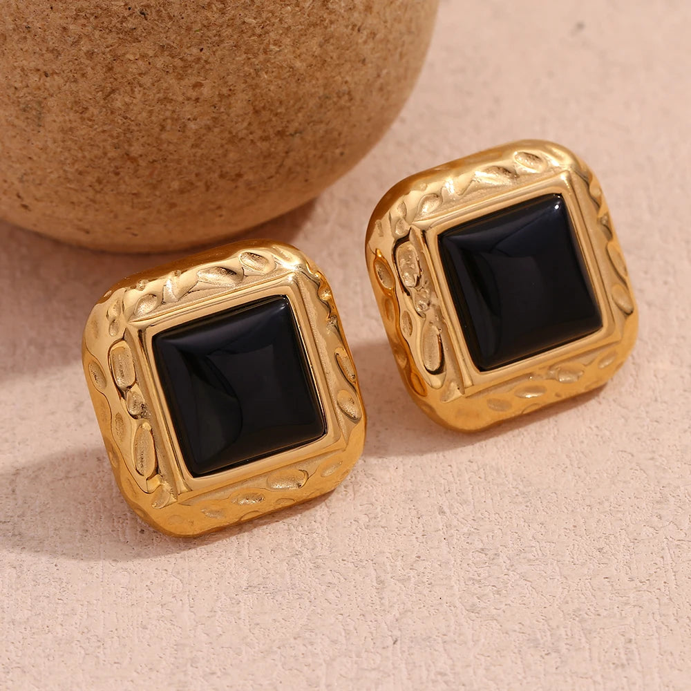 Dropshipping Hammered Square Black Acrylic Stud Earrings Waterproof Gold Plated Stainless Steel Jewelry