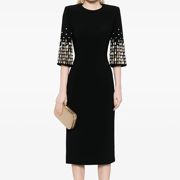 2025 New European American Fashion Heavy Industry Mid-Length Dress Five Quarter Sleeve Nail Bead Studded Diamond Party Style