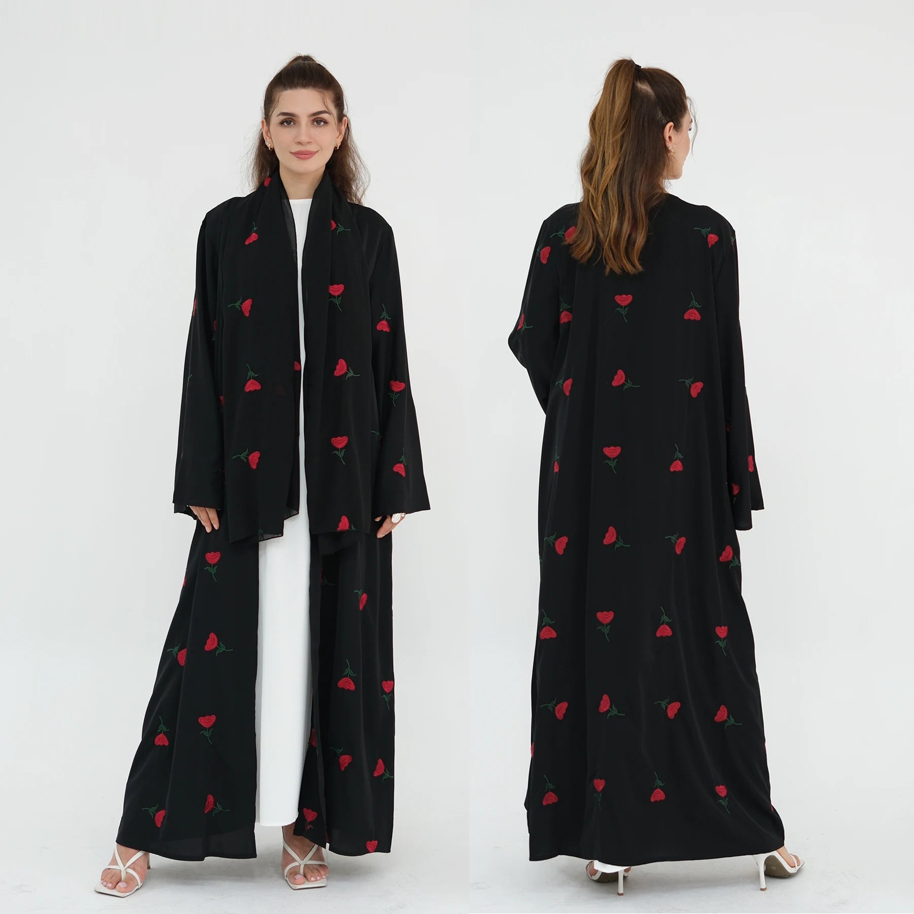 2025 High Quality Nida Fabric Modest Abaya EID Dubai Kimono Women Floral Embroidery Open Abaya with Hijab Scarf Islamic Clothing