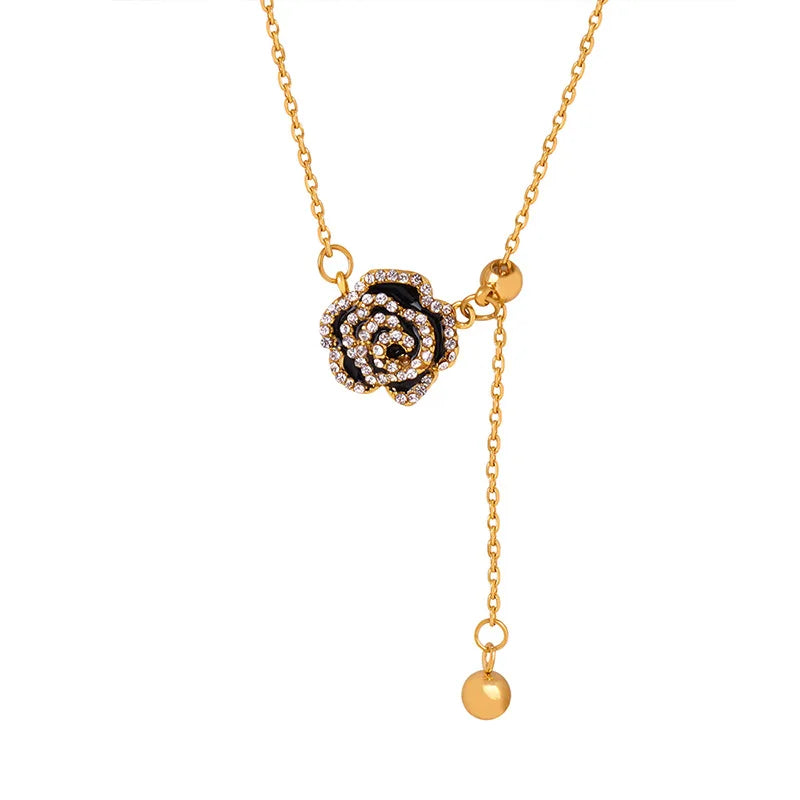 Non-Tarnish 18k Gold Plated Stainless Steel Fashion Jewelry Pull-Clasp Adjustable Length Zircon Black Rose Pendant Necklace