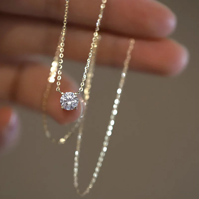 GT One Carat Zircon Clavicle Chain Necklaces Dazzling Diamond 14K Gold Plated 925 Sterling Silver Necklace Women