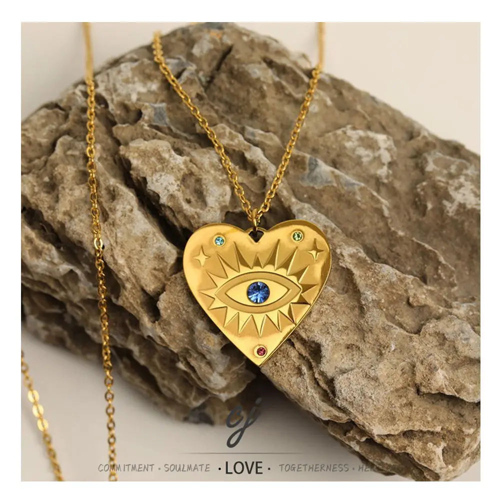 Carline Heart Shape Eyes Wholesale Fine Simple Design Jewelry Gold Plated Fashion Stainless Steel Minimalist Charm Necklace