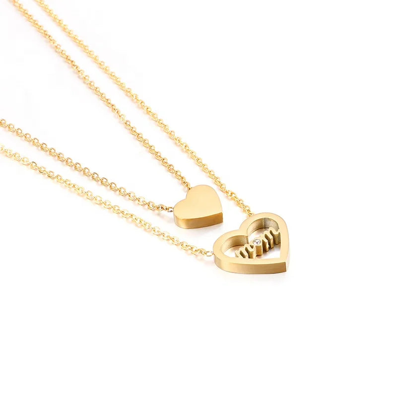 New Arrival Mothers Day Gold Plated Stainless Steel Double Layer Letter Mom Heart Pendant Necklace