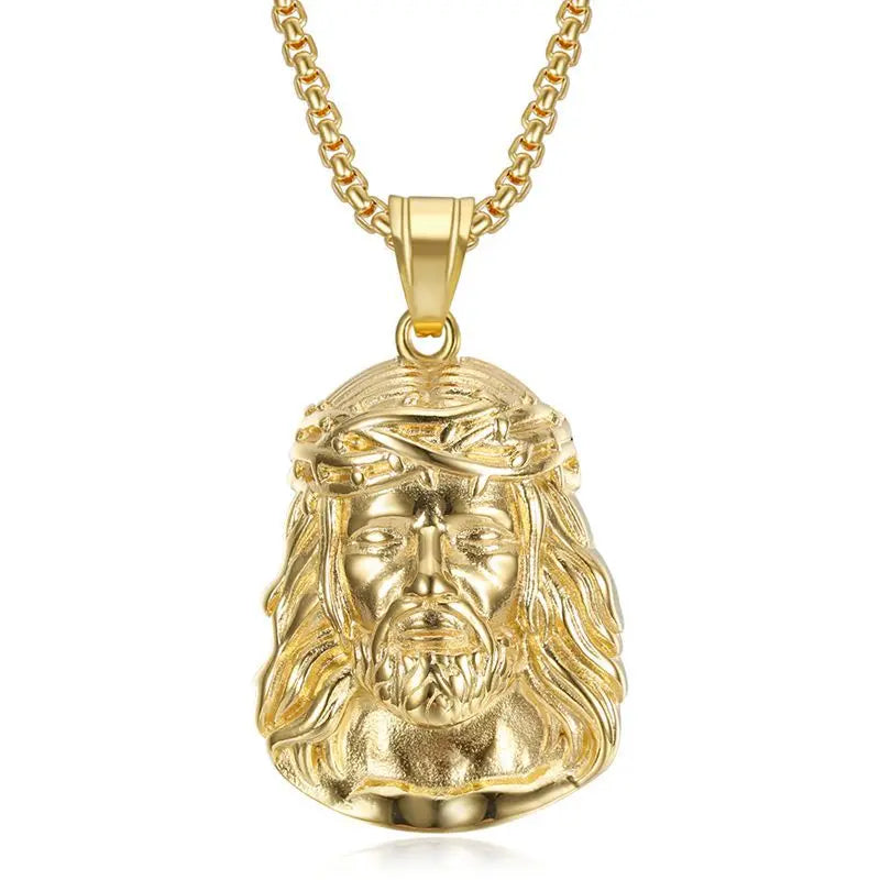 HOVANCI Top Religious Titanium Stainless Steel Crystal Jesus Christ Face Pendant Chain Necklace Unisex