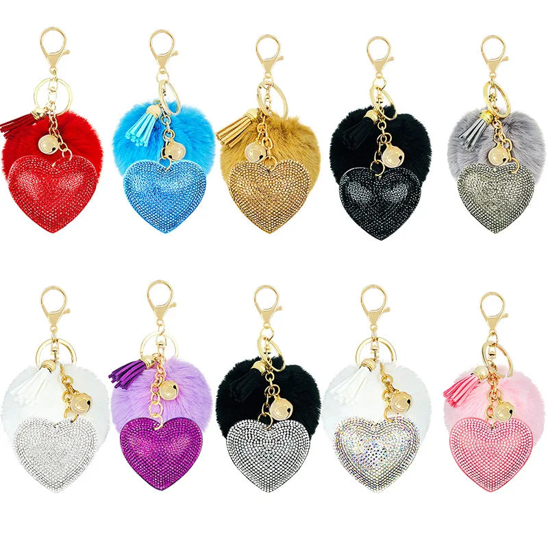 Wholesale Bag Accessories Cute Heart Crystal Puff Keychains Custom 8cm Fur Pom Pom Fluffy Keychain