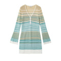 2025 Vintage Style Women's Midi Dress V-Neck Flared Long Sleeve A-Line Knit Casual Striped Wear Natural Waist Autumn Hollow