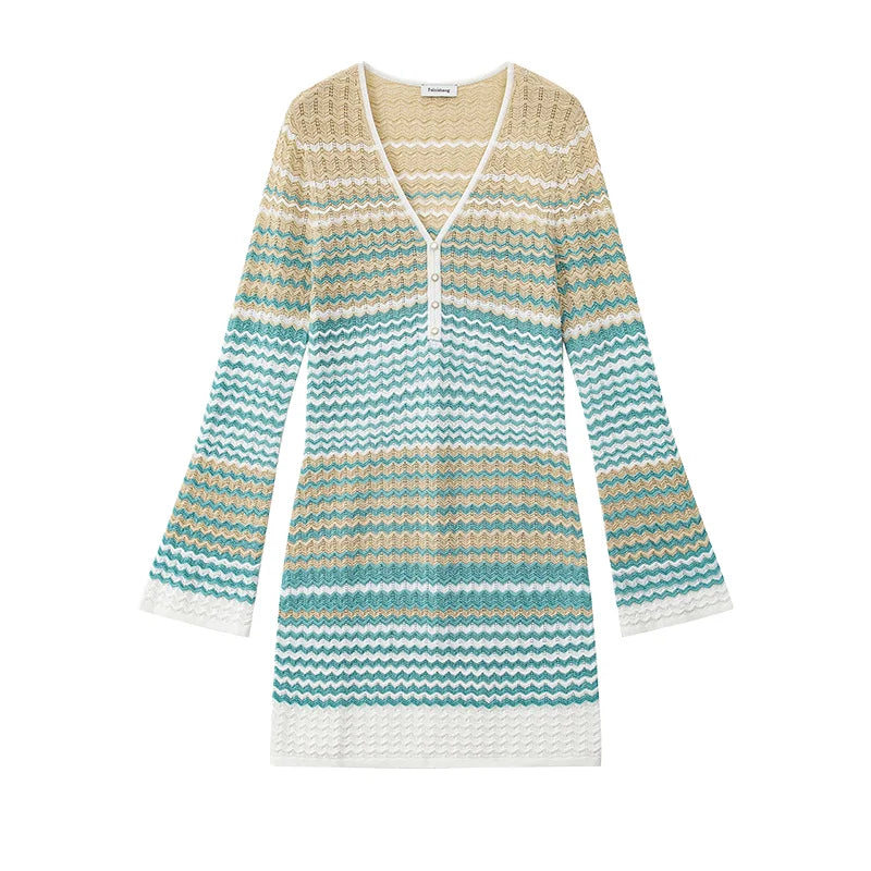 2025 Vintage Style Women's Midi Dress V-Neck Flared Long Sleeve A-Line Knit Casual Striped Wear Natural Waist Autumn Hollow