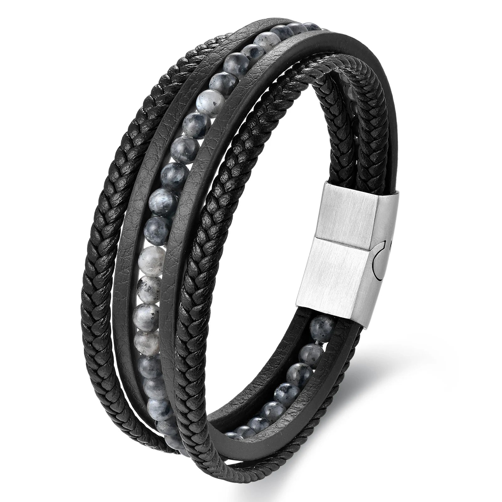 Luxury Natural Stone Beaded Genuine Leather Bracelet Stainless Steel Magnetic Clasp Braided Leather Bracelet for Men Jewelry