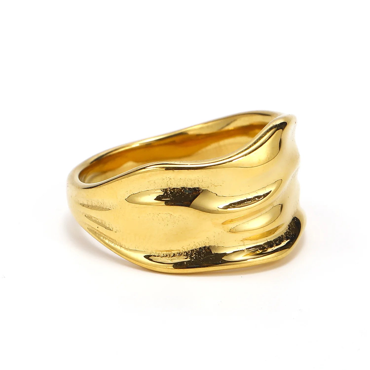 Minimalist Stainless Steel Fashion Finger Ring 18K Gold Rose Gold Plated Geometric Wide Strip Wrinkle Design Waterproof Jewelry