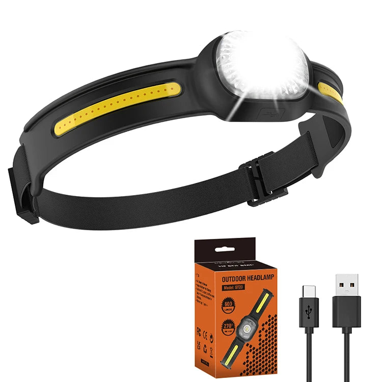 Boruit 600 Lumens LED Headlamp Adjustment 6 Work Modes Charging Sensor LED Headlamp Red Light Warning Led Headlamps Flashlight