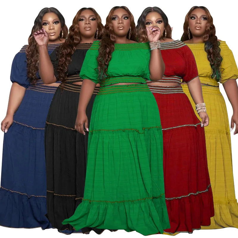 Z3049 Plus Size Women Clothing Solid Color Crop Tops Plus Size Skirt Two Piece Sets Women Maxi Skirts
