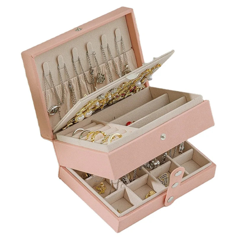 New Trend Rectangle Leather Jewelry Earring Necklace Bangles Storage Box with 5-Tier Display and 3 Buttons