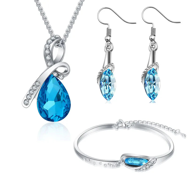SC Popular Trendy Rhinestone Necklace Earrings Bracelet Silver Geometric Jewelry Set Fashion Colorful Crystal Necklace for Girls