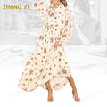Wholesale Custom Ladies Party Tiered Skirt High Elastic Neckline With a Keyhole Balloon Sleeves Ivory Floral Print Maxi Dresses
