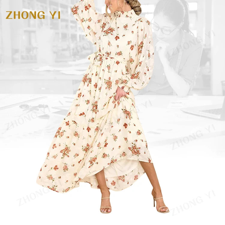 Wholesale Custom Ladies Party Tiered Skirt High Elastic Neckline With a Keyhole Balloon Sleeves Ivory Floral Print Maxi Dresses