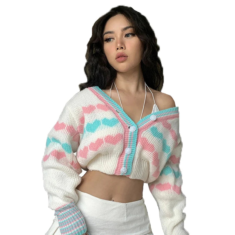 Uniform Size Sweaters Knitted Heart Pattern V Neck Cropped Cardigan Women'S Knit Shirt