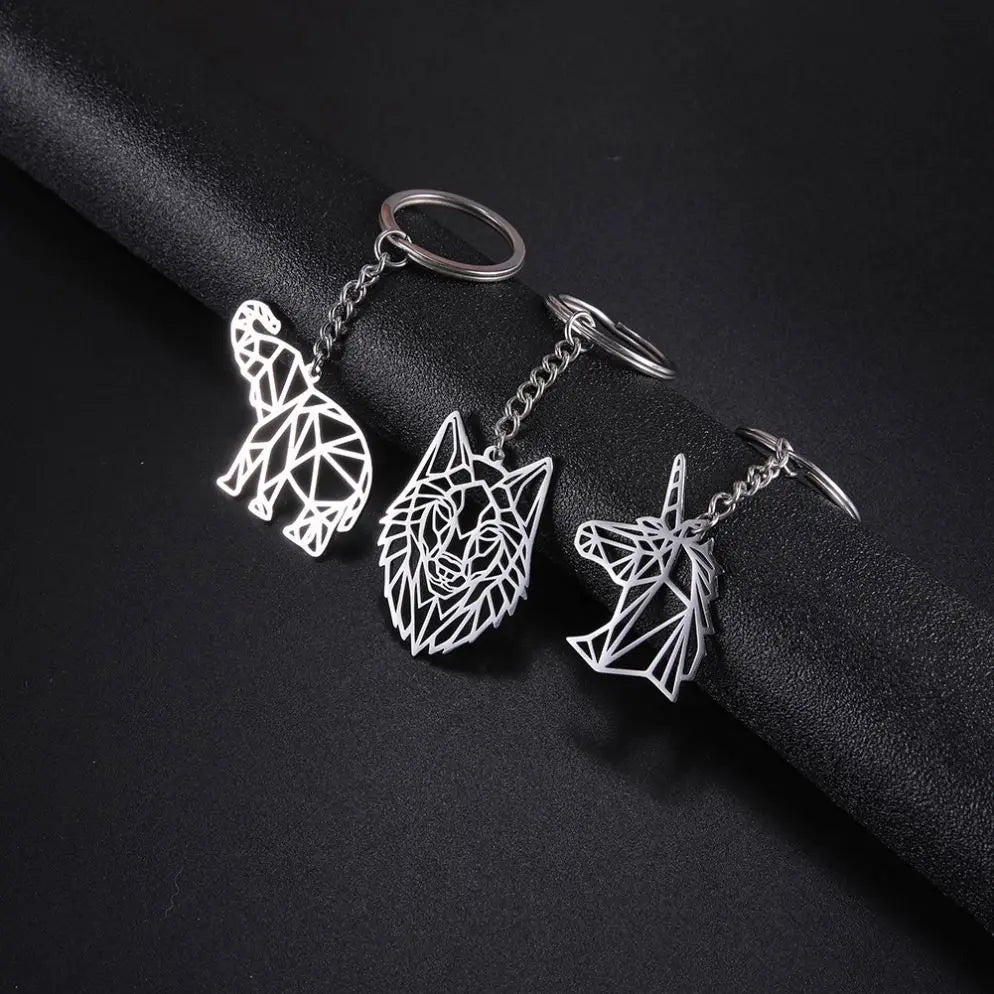 Promotion Stainless Steel Hollow Out Design Wolf Unicorn Elephant Keychain Wild Animal Metal Key Chains for Pendant Bag Charms