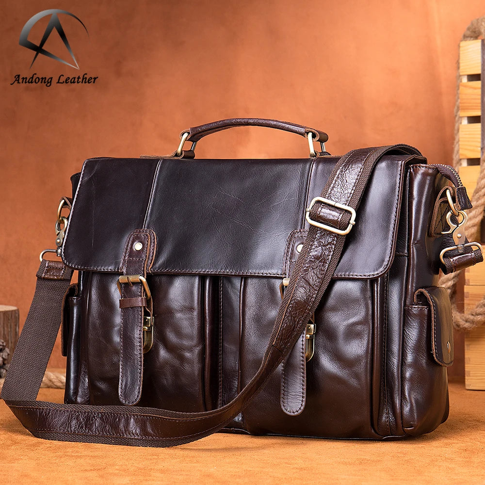 Andong Genuine Cow Leather Large Capacity Shoulder Bag Handbags Luxury 14-inch Laptop Briefcase Messenger Travel Business Bags