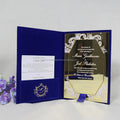 Unique Destination Custom Wedding Invites Dark Blue Velvet Hardboard Cover With Photo Printed Gold Mirror Acrylic Invitations
