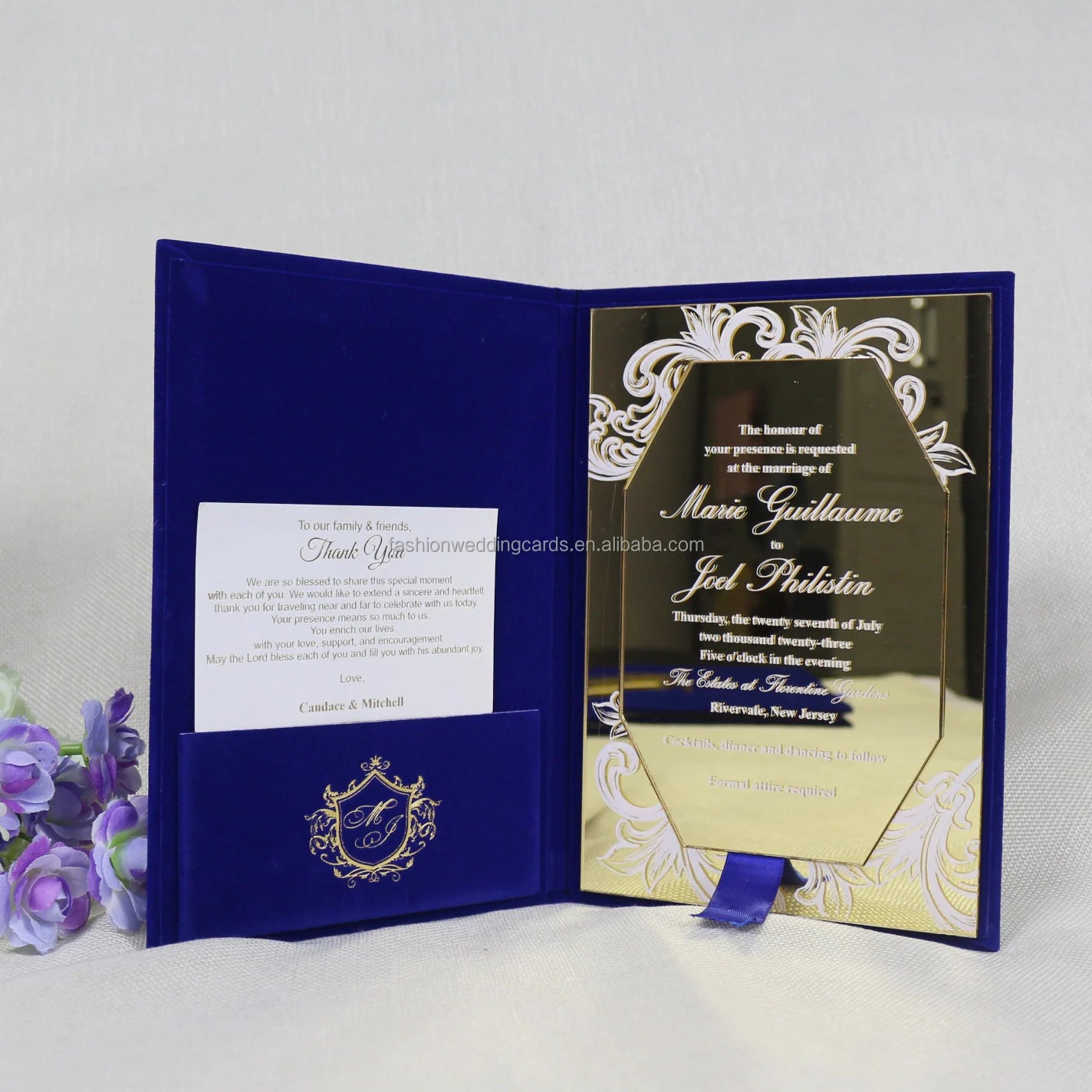 Unique Destination Custom Wedding Invites Dark Blue Velvet Hardboard Cover With Photo Printed Gold Mirror Acrylic Invitations