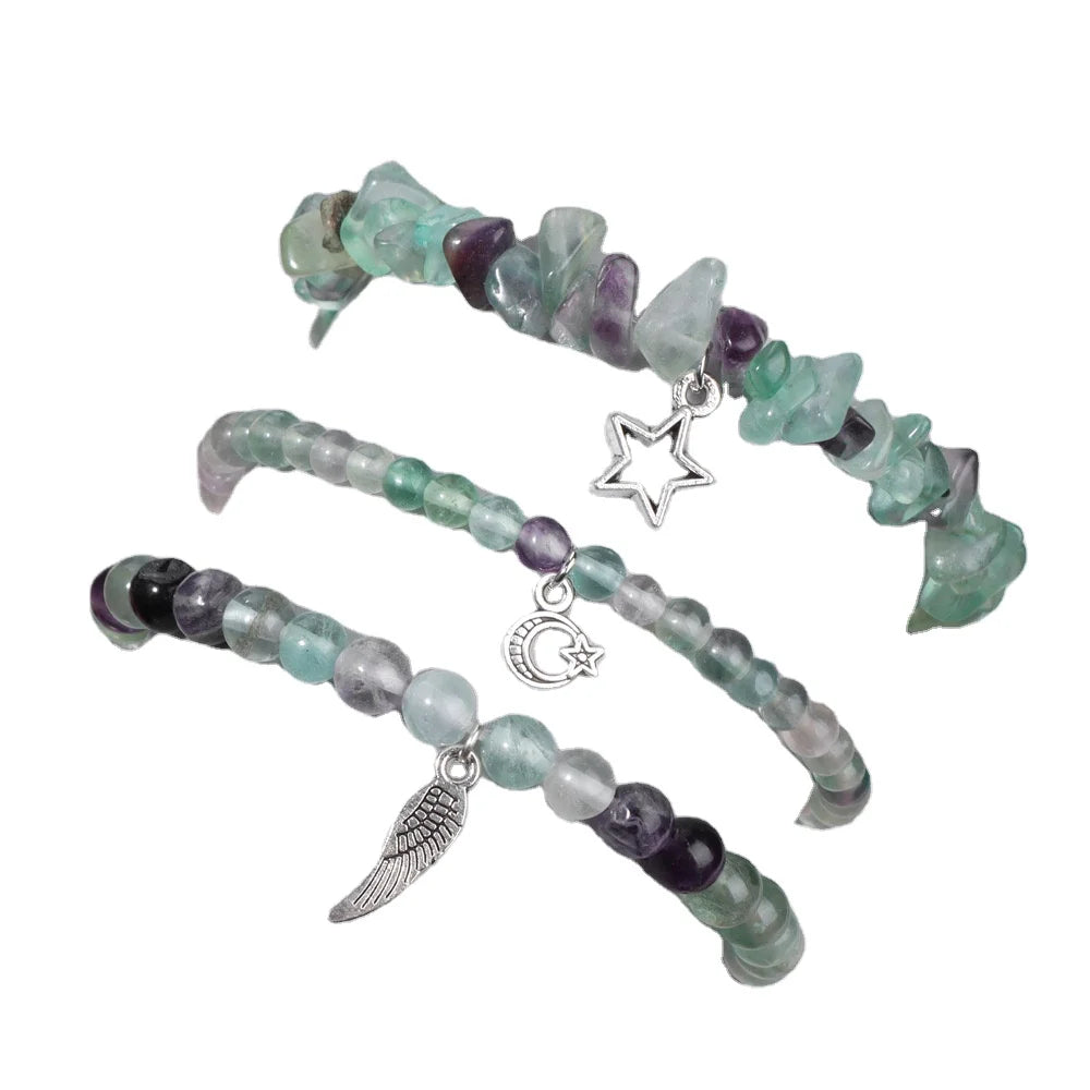 gemstone Three-Layer 8mm Natural Gemstone for Bracelet Set for Women Featuring Crystal Rhinestone & Winged Star Religious Style Natural