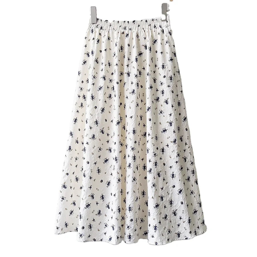 2024 Women's Midi Skirt New Summer Korean Style Casual Aesthetic Floral Print a Line High Waist Long Skirt Female Ladies Skirt