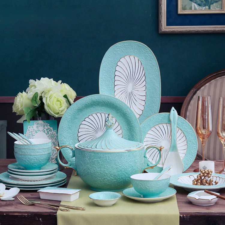 Nordic Blue Golden Edge Dishes Ceramic Plates Porcelain Dinnerware Sets Luxury Dinner Set Tableware Dinnerware