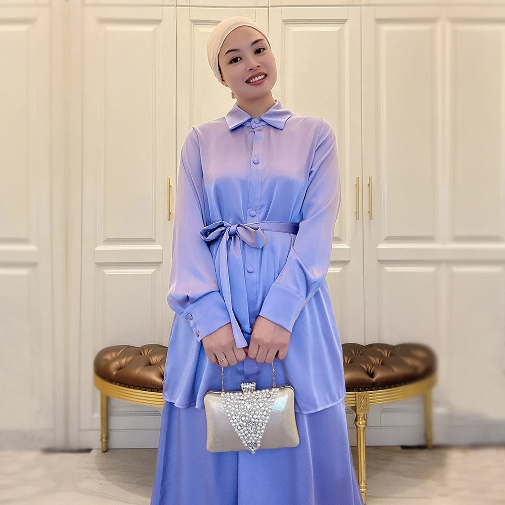 Top Islamic Clothing Supplier Loriya 2pc Muslim Girls Abaya Set Modern Daily Wear Women Satin Blouse and Skirt Set