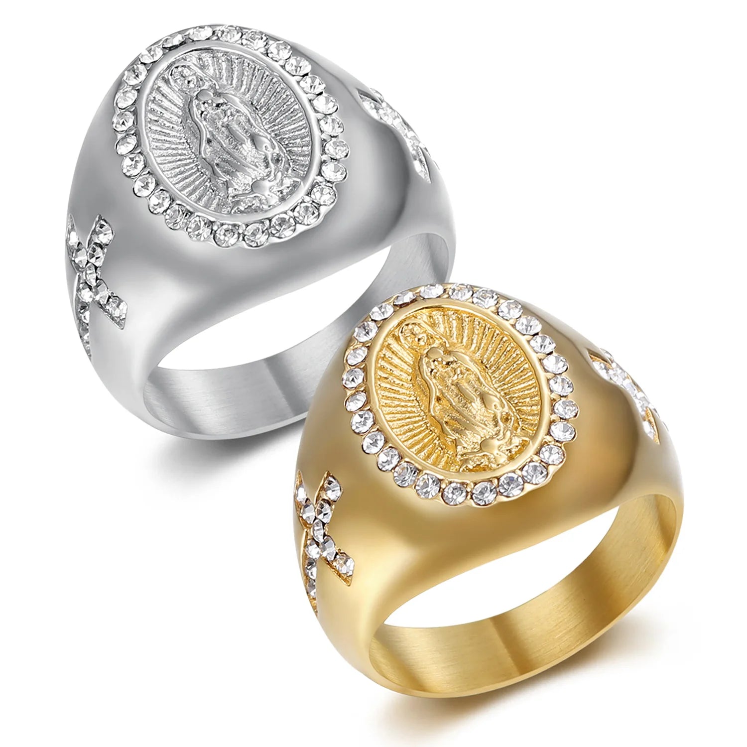 Hip Hop Latino-Themed La Virgen Religious Men Stainless Steel 18K Gold Statement Signet Zircon Bling Virgin of Guadalupe Ring