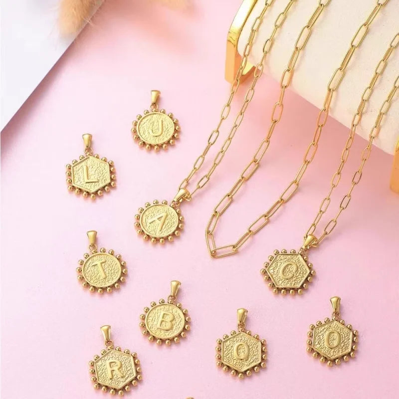 18K Double-Layered Floral Monogram Necklace with Hanging Paper Clip Classic Style Circular Design