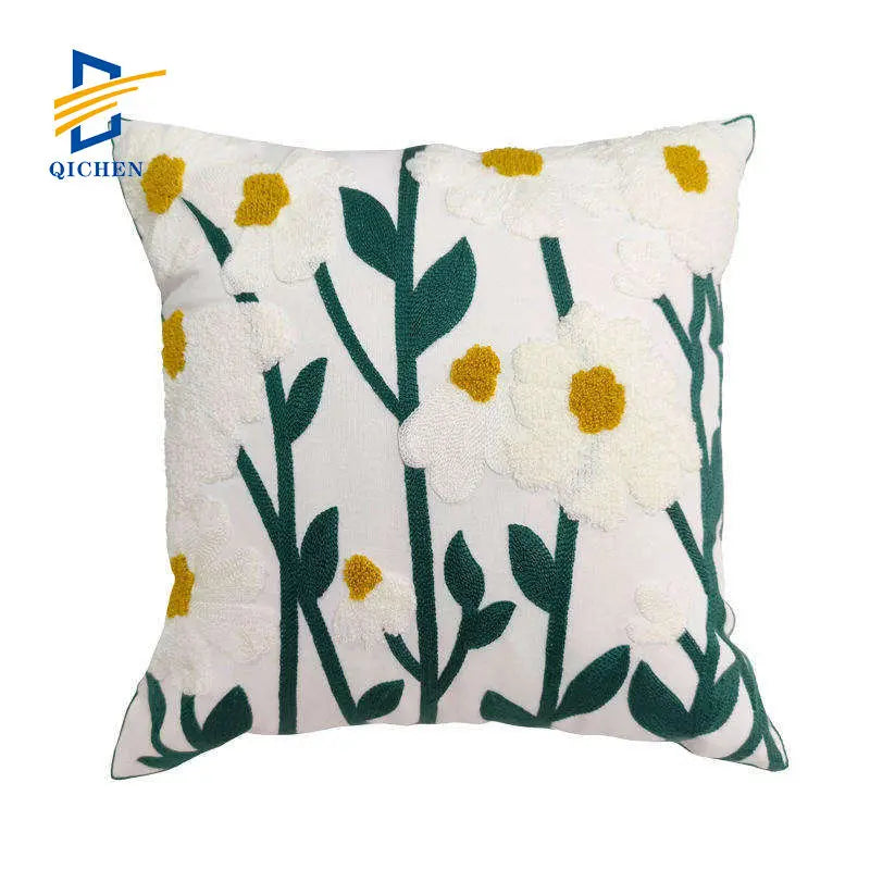 2024 New Arrival Customized 18x18 Floral Flower Mustard Yellow Spring Summer Pillows Cotton Embroidery Orange Design Cushions
