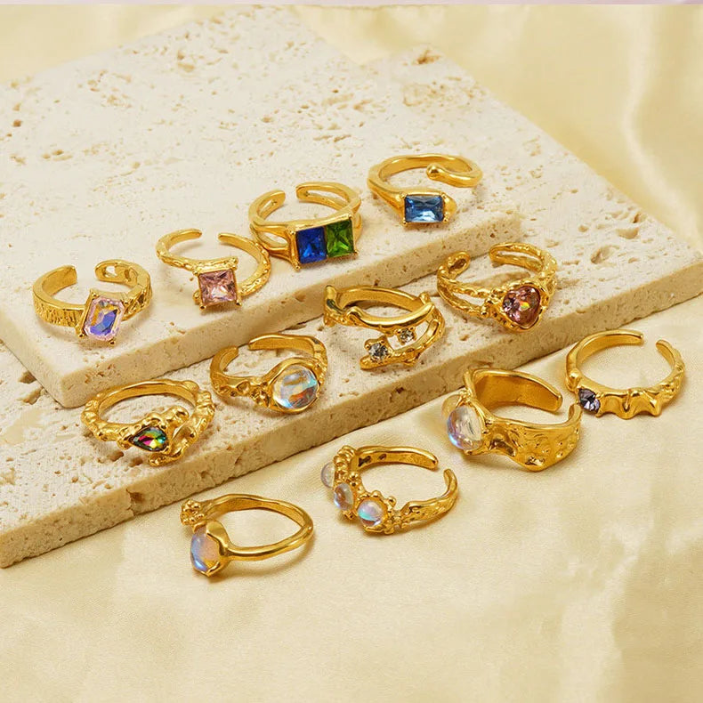 Vintage Multi Design 18K Gold Plated Stainless Steel Opal Moonstone Open Ring for Women Fashion Jewelry Wholesale