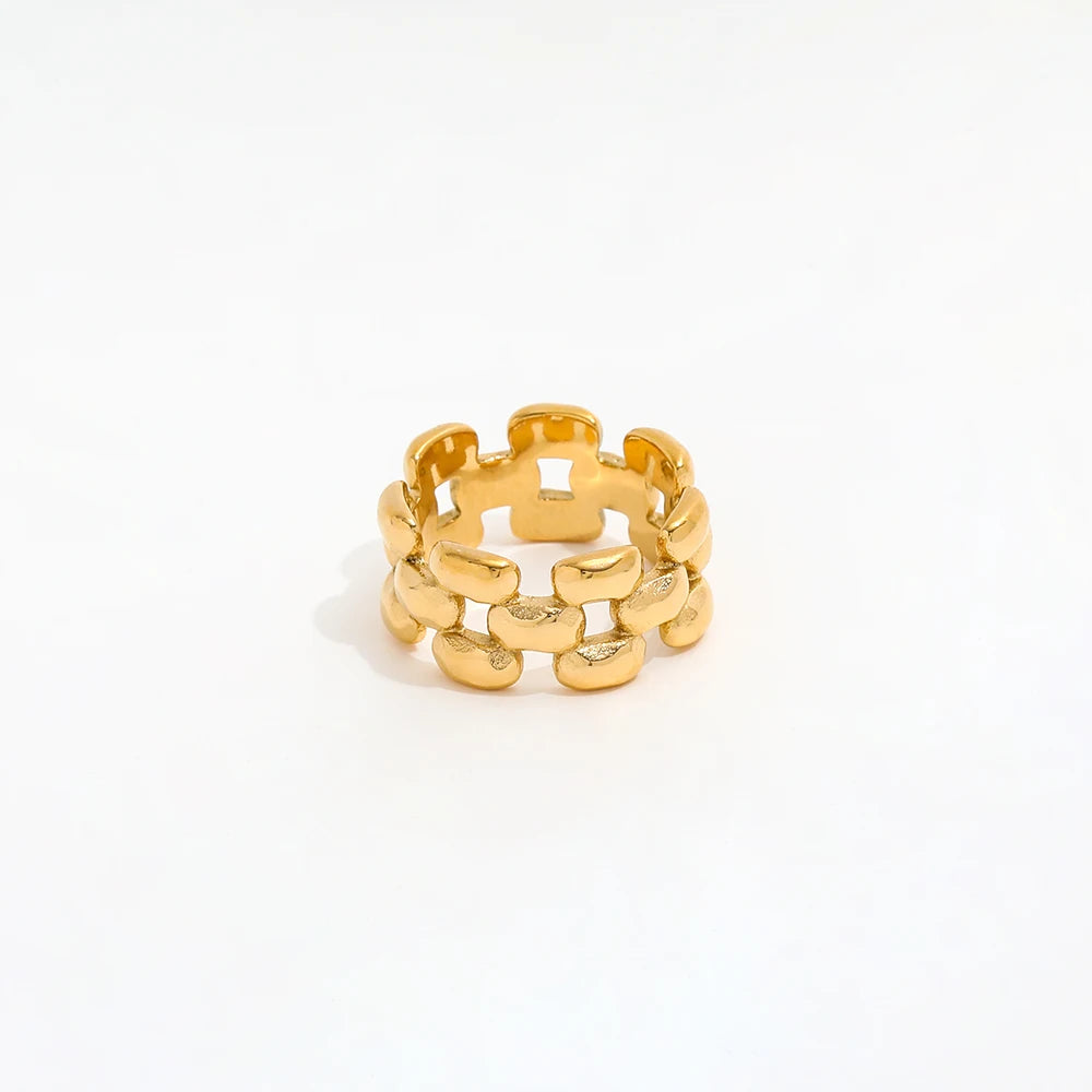 High End 18K Plain Gold Link Chain Hollow Mesh Statement Rings Stainless Steel Trendy Jewelry