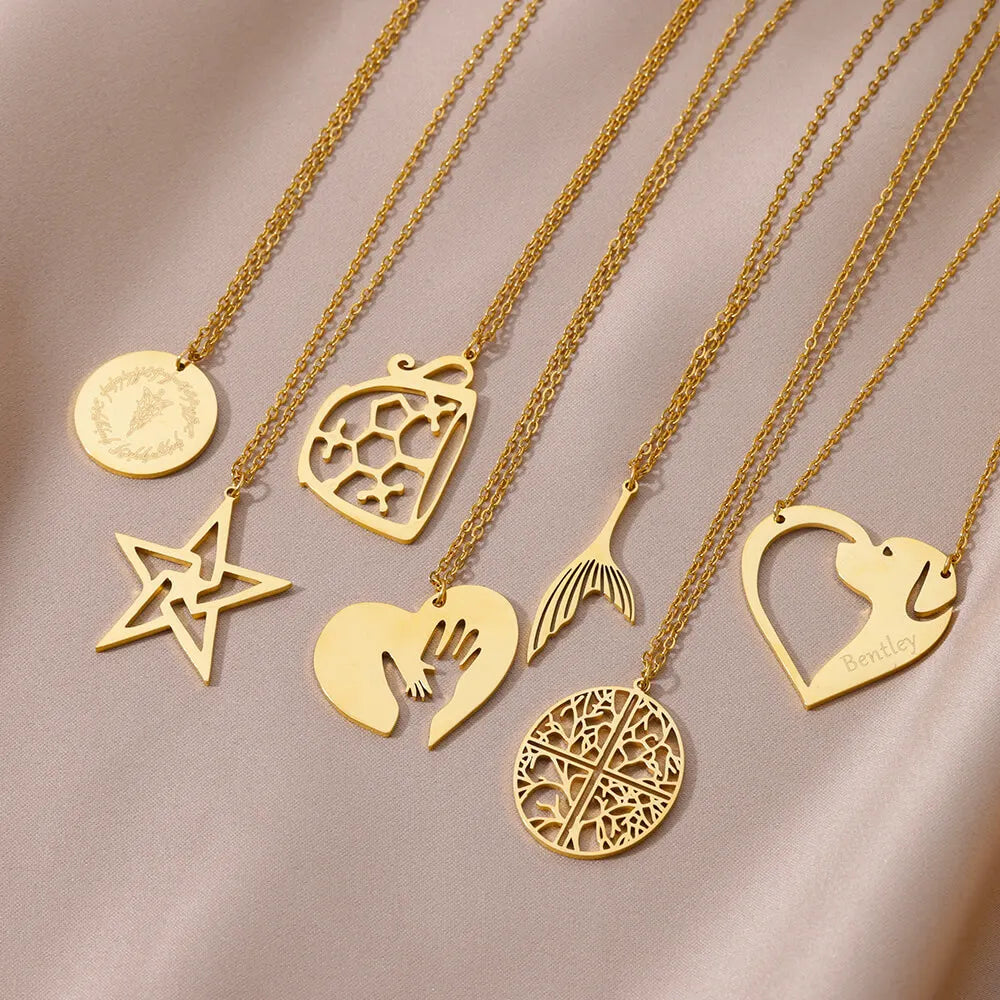 Wholesale Delicate Stainless Steel Necklace Round Heart Pendant Necklace Geometric Hollow Gold Pendant Necklace Gifts for Women