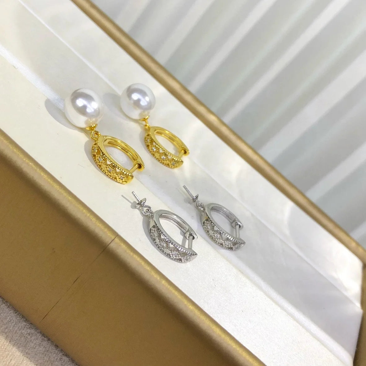 E2161 9-10mm DIY Natural Freshwater Pearl Charm Earrings Mounting Accessory 925 Sterling Silver Gold Plated  Jewelry for Women